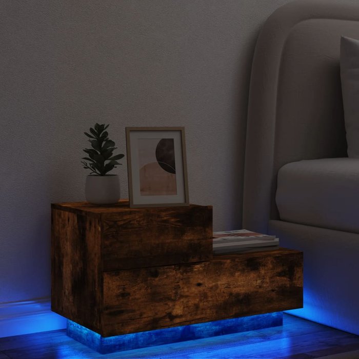 Maison exclusive - mesita de noche con luces led roble ahumado 70x36x40,5 cm