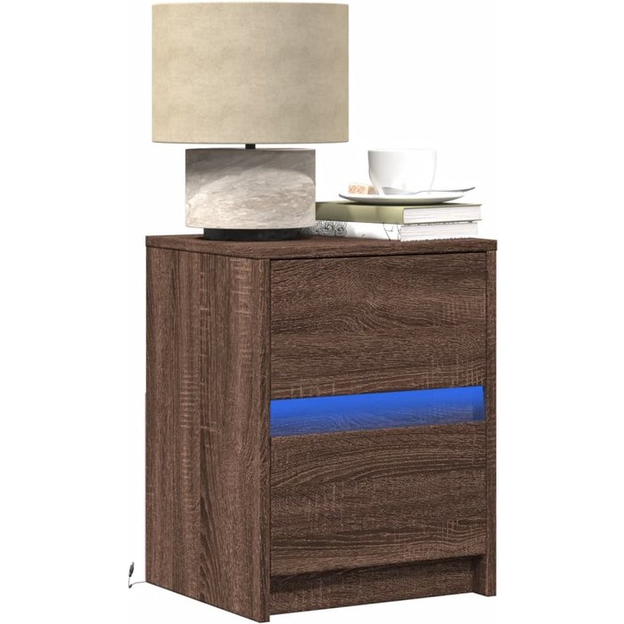 Mesita de noche y luces led de madera contrachapada de roble marrón