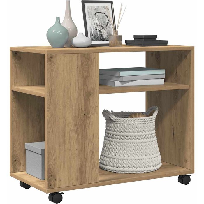 Mesita auxiliar con ruedas, de roble artesanal y madera de ingeniería.