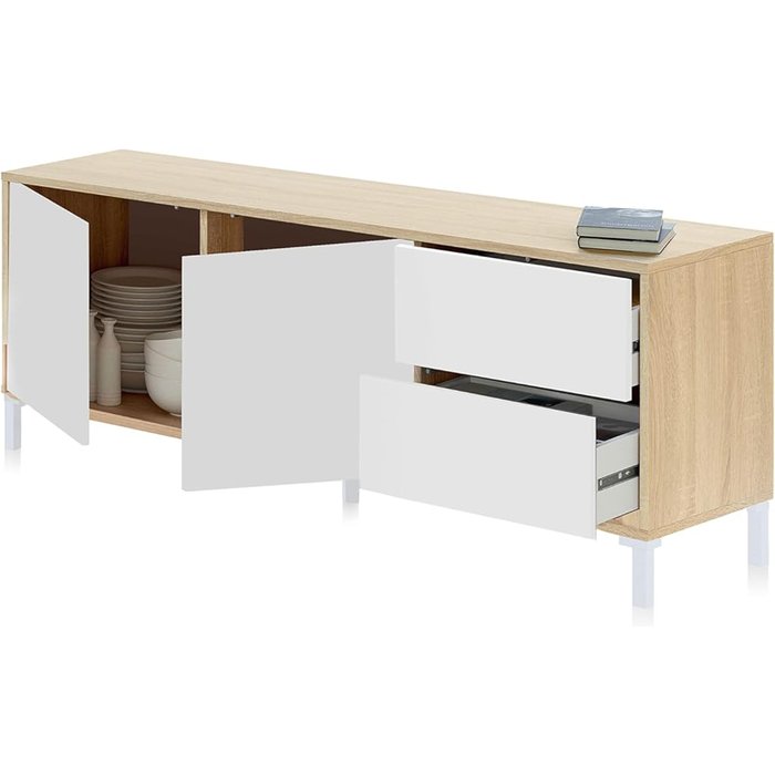 Mueble tv con 2 puertas y 2 cajones, color roble canadian y blanco artik
