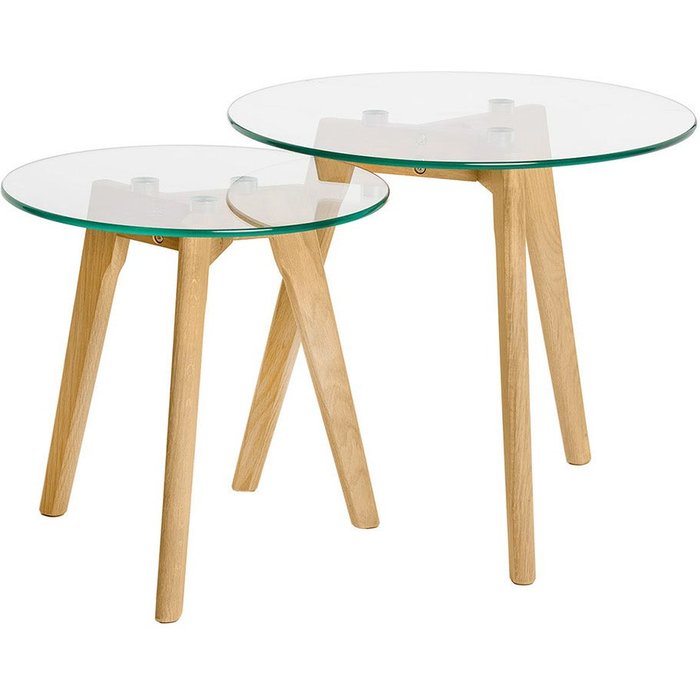 Set de mesas mitansh con patas de roble y tableros de vidrio.