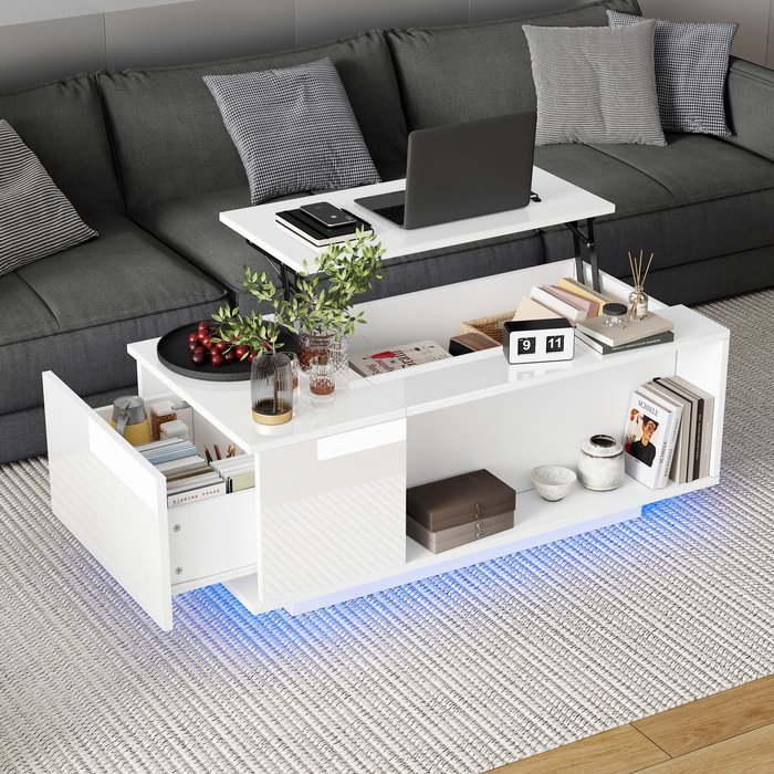 Mesa de centro 100x50x40 cm - tapa elevable y led - blanco