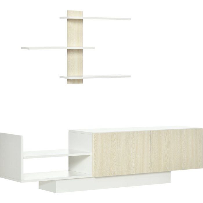 Mueble de tv moderno 150cm con estantería de pared - blanco y madera para salón