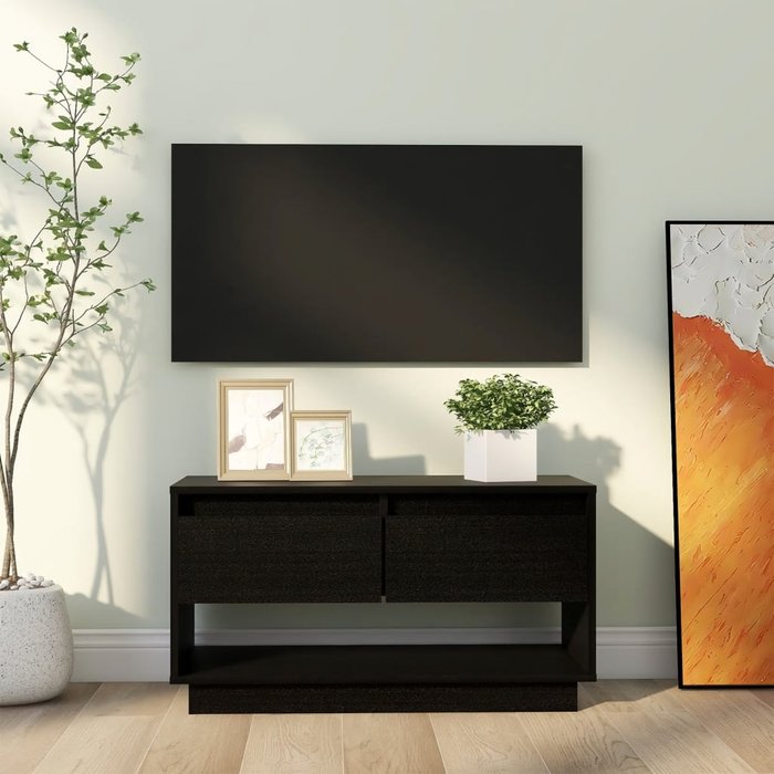 Mueble tv negro 74x34x40 cm madera maciza de pino