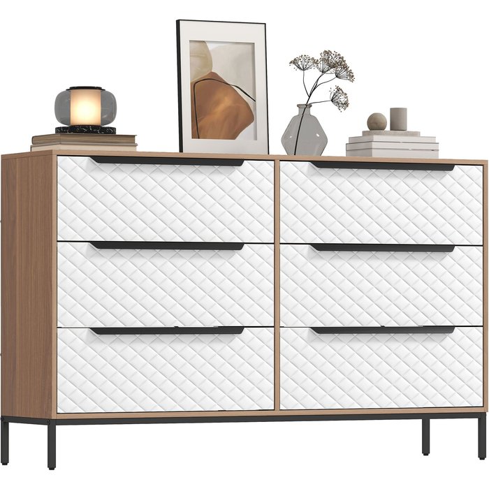 Cómoda 6 cajones tela 117,5x30x73,5cm blanco madera dormitorio salón oficina