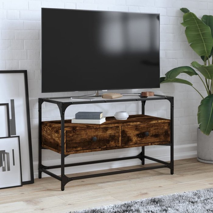 Mueble de tv con tapa de cristal de madera de ingeniería de roble ahumado