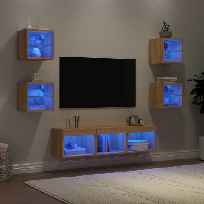Vidaxl muebles tv pared con led 7 pzas madera ingeniería roble sonoma