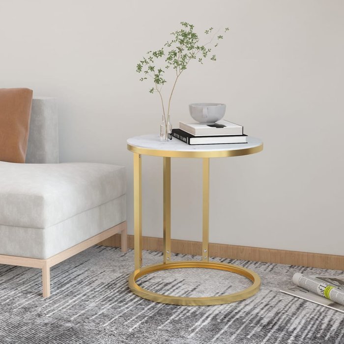 Maison exclusive - mesa auxiliar vidrio templado dorado y mármol blanco 45 cm