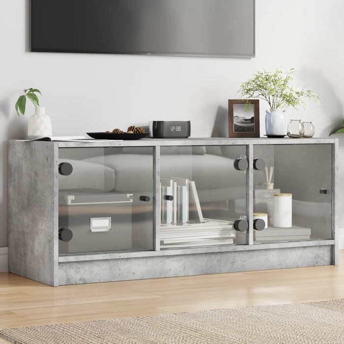 Mueble de tv con puertas de cristal gris hormigón, 102x37x42 cm