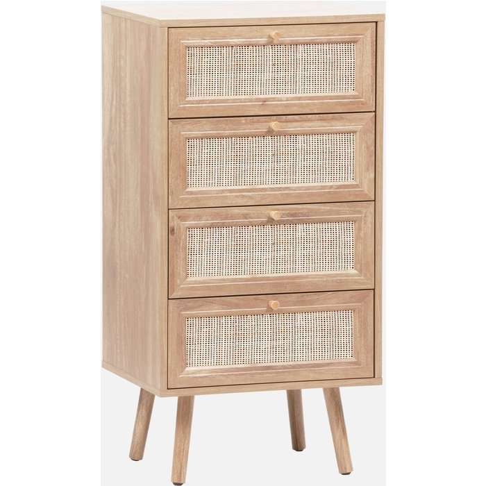 Cómoda de 4 cajones efecto madera y caña natural - 48x39.5x96 cm