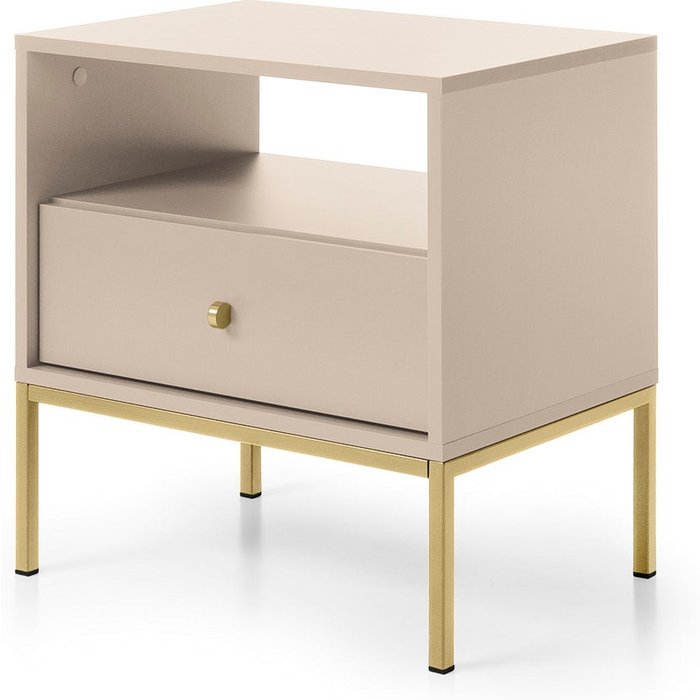 Mesita de noche, beige arena, 53,6 x 56,2 x 39 cm, patas doradas