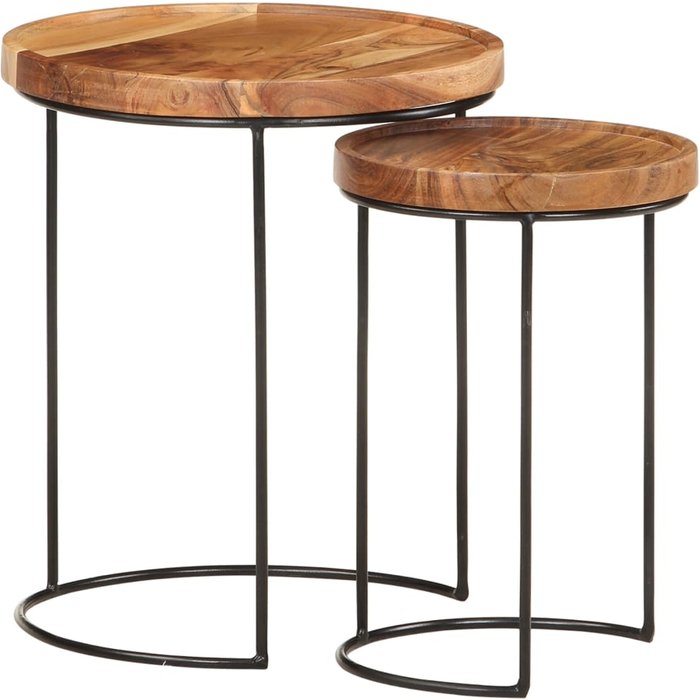 Juego de mesa de centro de 2 piezas de madera maciza de acacia y acero.
