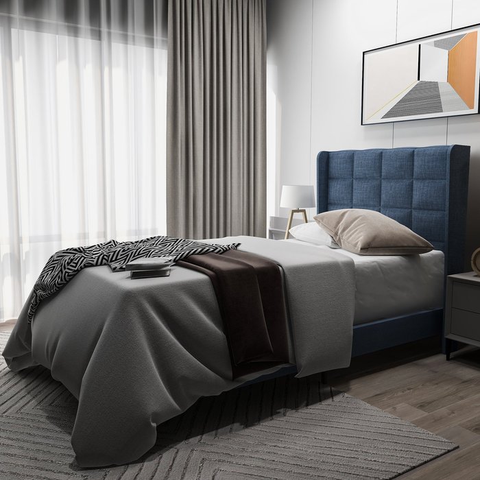 Cama de adulto tapizada con cabecero - 90 x 200 cm - tela de lino - azul