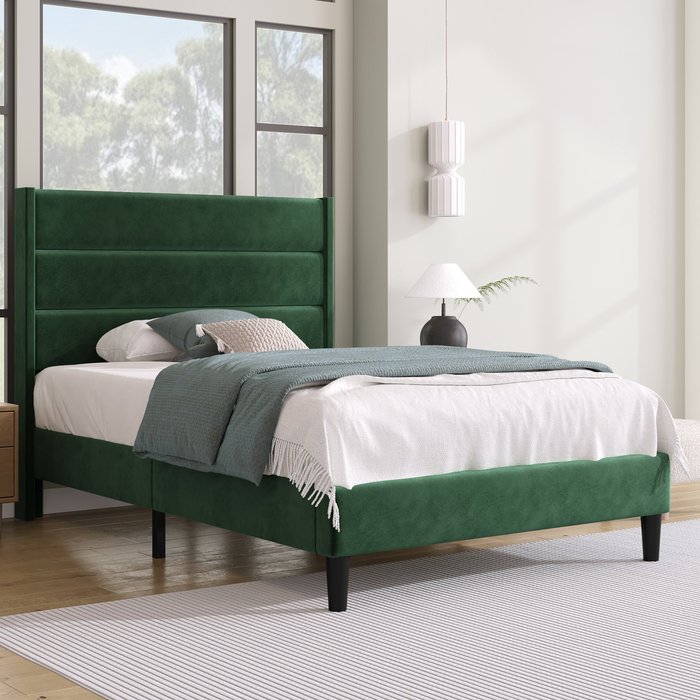 Cama con cabecero - 90 x 200 cm - terciopelo - somier - verde