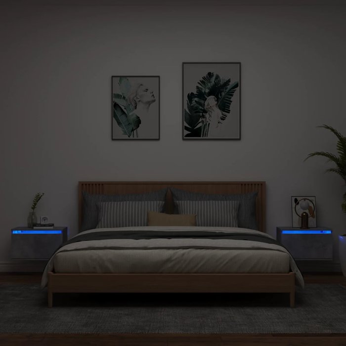 Vidaxl mesitas de noche de pared con luces led 2 uds gris hormigón