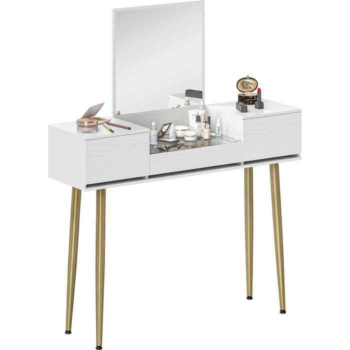 Tocador blanco con espejo 3 cajones cristal templado 105x30x131cm