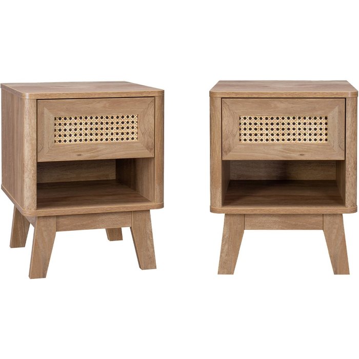 Mesita de noche efecto madera y caña, set de 2, mani, natural, 39x39x49 cm