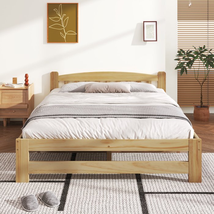 Cama de madera y futón - 140 x 200 cm - con cabecero y somier de lamas - natural