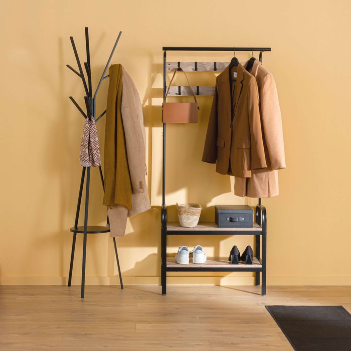 Perchero de entrada con perchero de pie color negro y roble claro