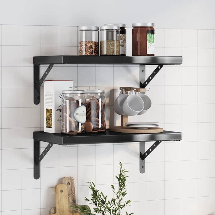 Estantería de pared de 2 piezas, 50x30 cm, acero inoxidable negro.