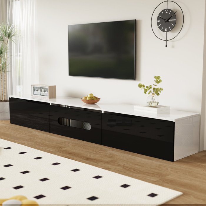 Mueble tv led diseño 180x35x30 cm, con 3 puertas abatibles - blanco + negro