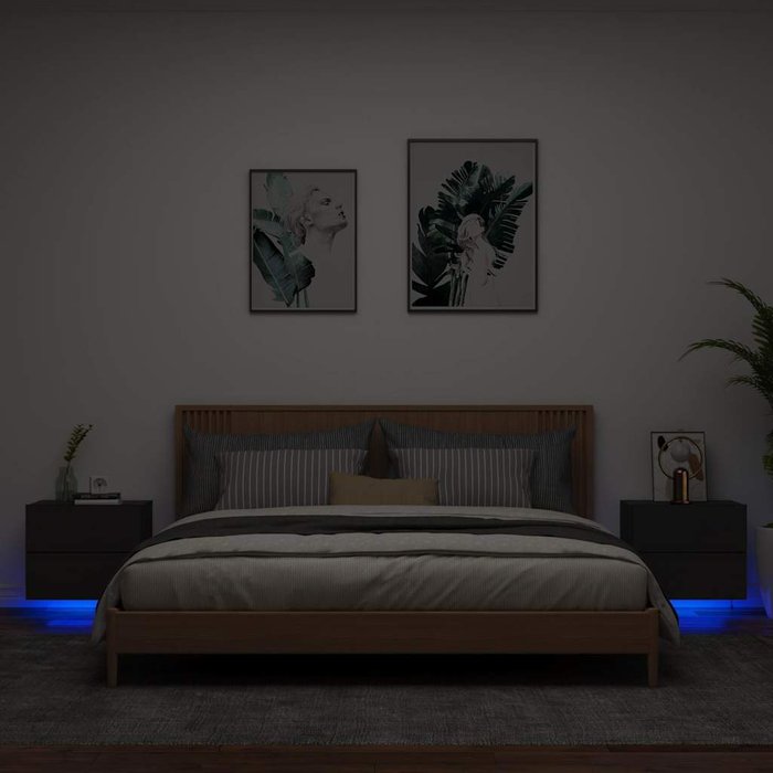 Mesitas de noche de pared con luces led, 2 unidades, color negro.