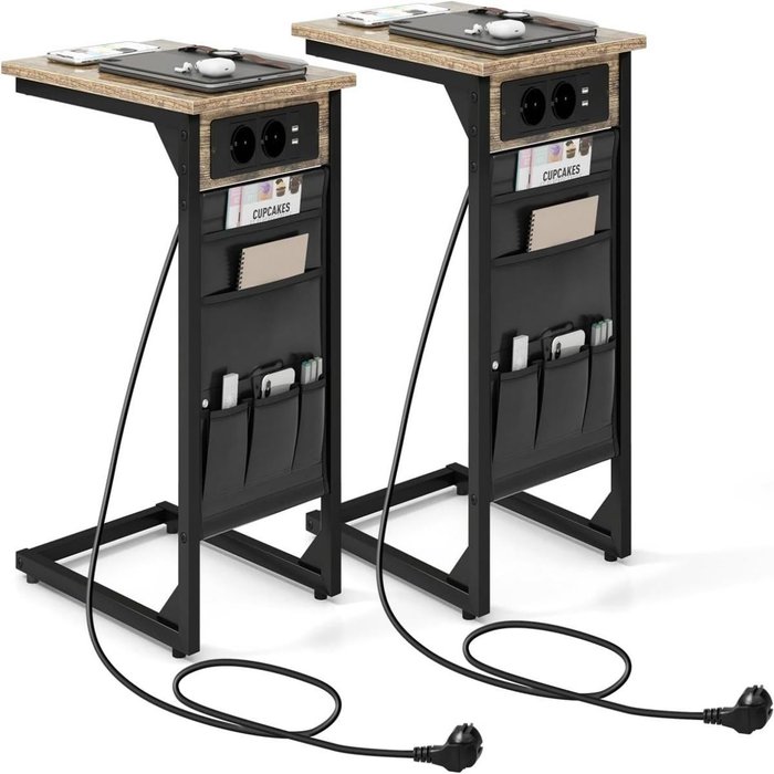 Mesa auxiliar forma c con estación carga usb - set 2 unidades 40x30x60cm marrón