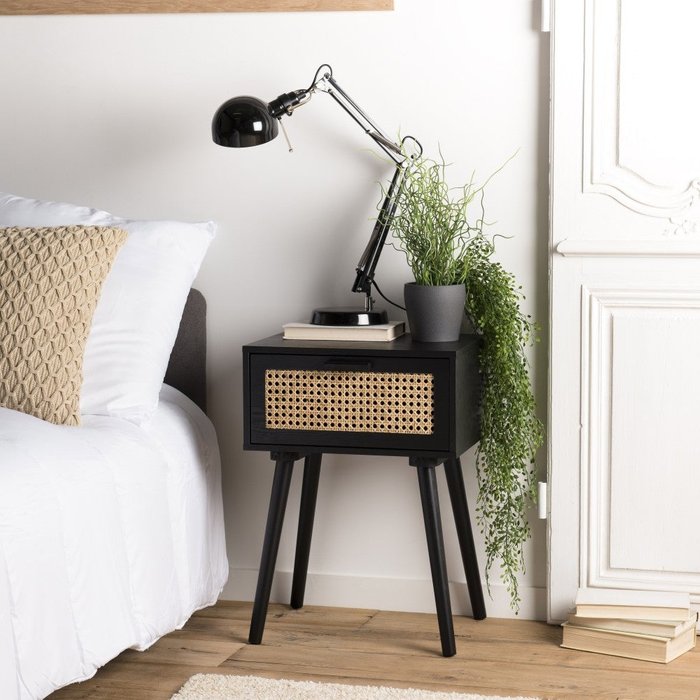 Emilio - mesilla de noche de madera negra con 1 cajón de caña