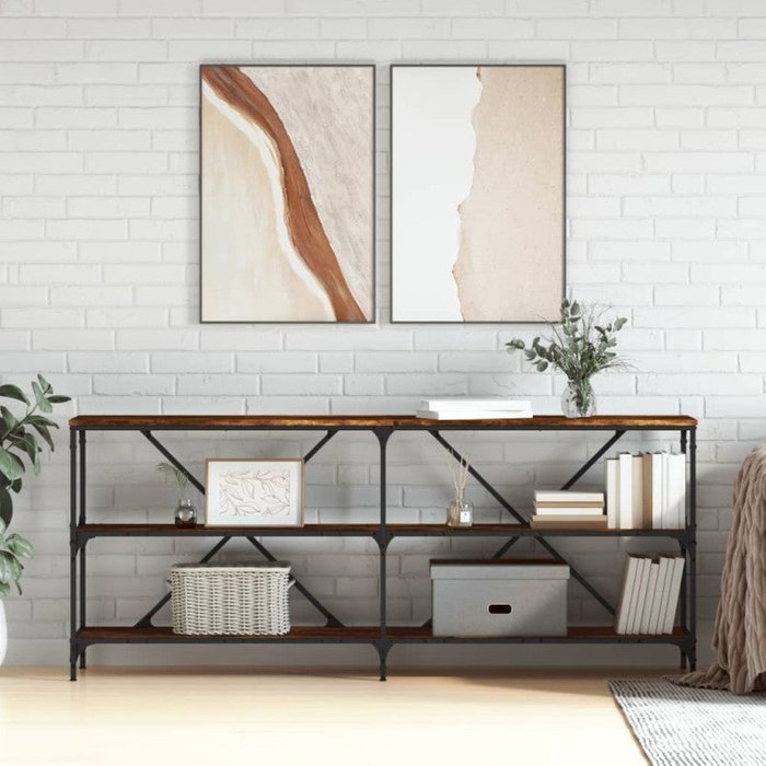 Vidaxl mesa consola hierro madera ingeniería roble ahumado 180x30x75cm