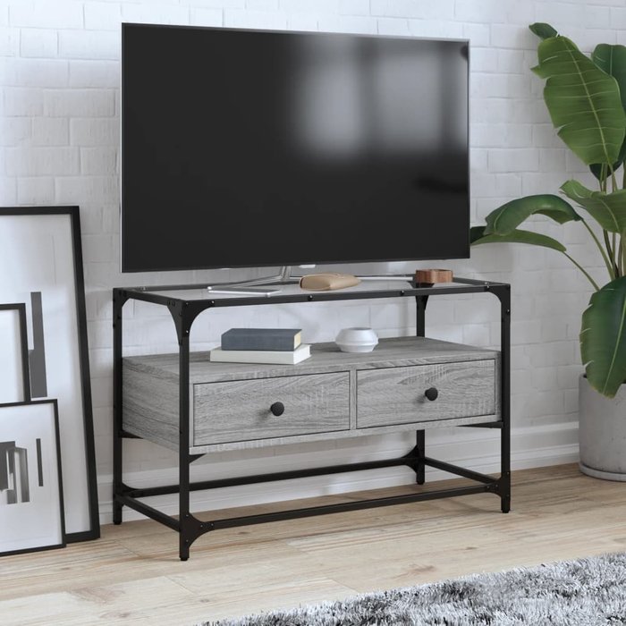 Mueble para tv sonoma de madera de ingeniería gris con tapa de cristal