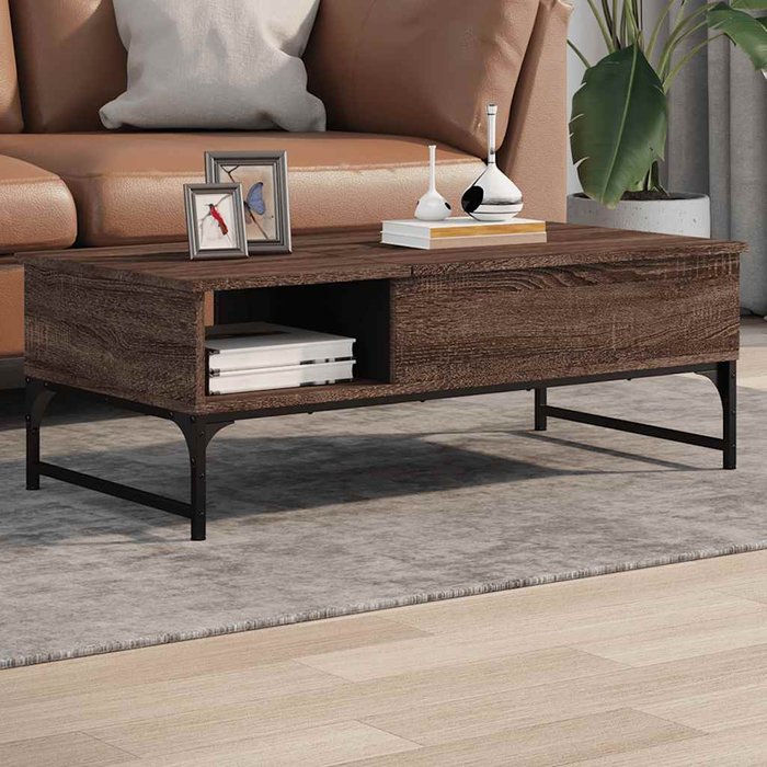 Mesa de centro de roble marrón, 100x50x35cm, madera de ingeniería y metal.