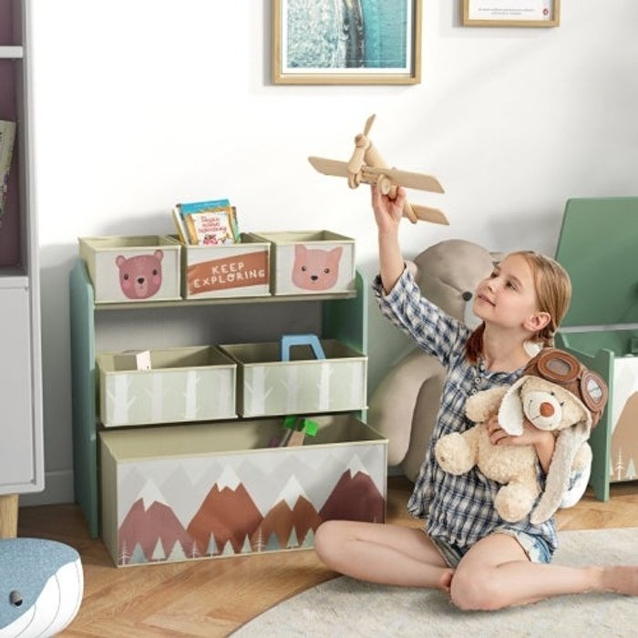 Armario infantil con 6 cajas de tela y diseño adorable, 63x30x66 cm, verde