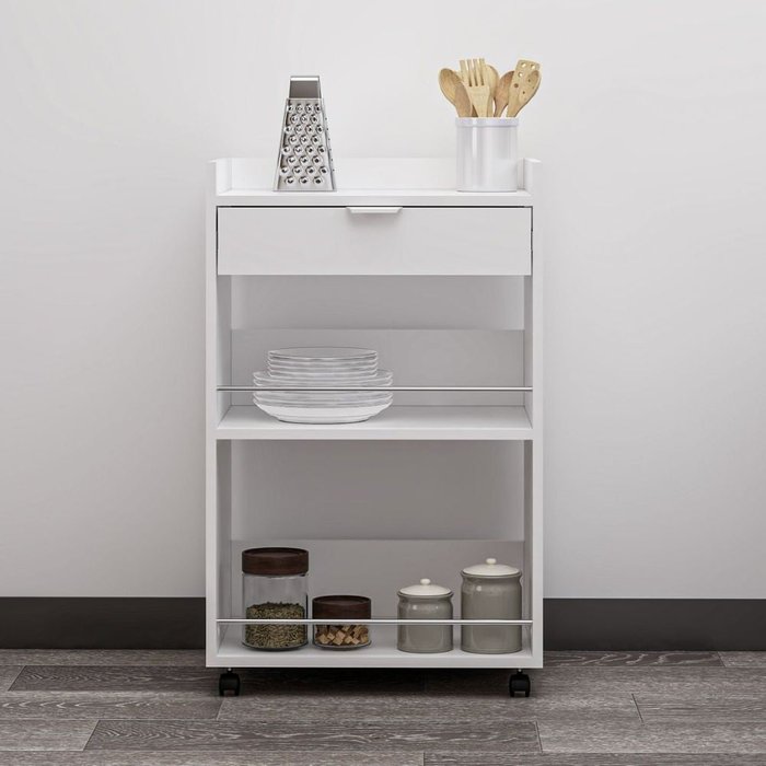 Mueble multiuso liana con 2 nichos y un cajón, color blanco, con ruedas