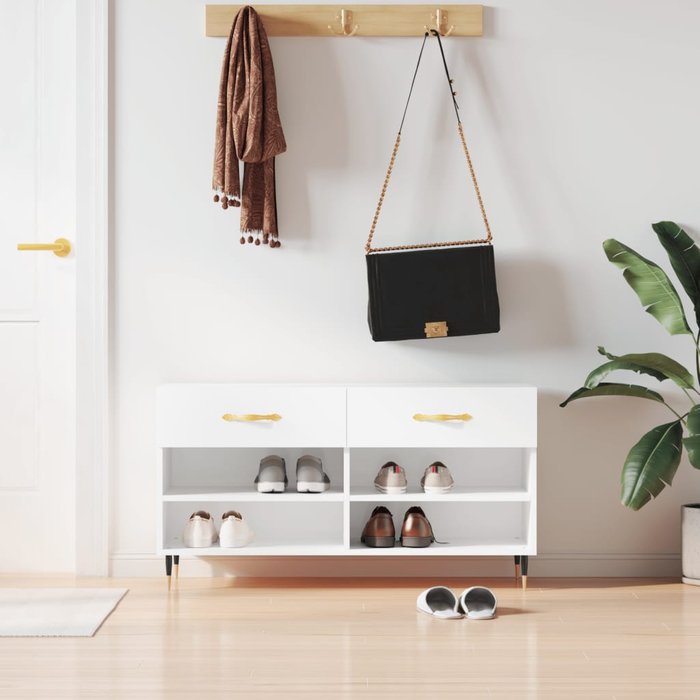 Banco zapatero blanco brillante, 102x35x55 cm, madera de ingeniería.