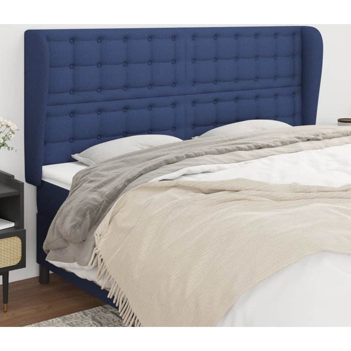 Cabecero con orejas de tela azul 203x23x118/128 cm