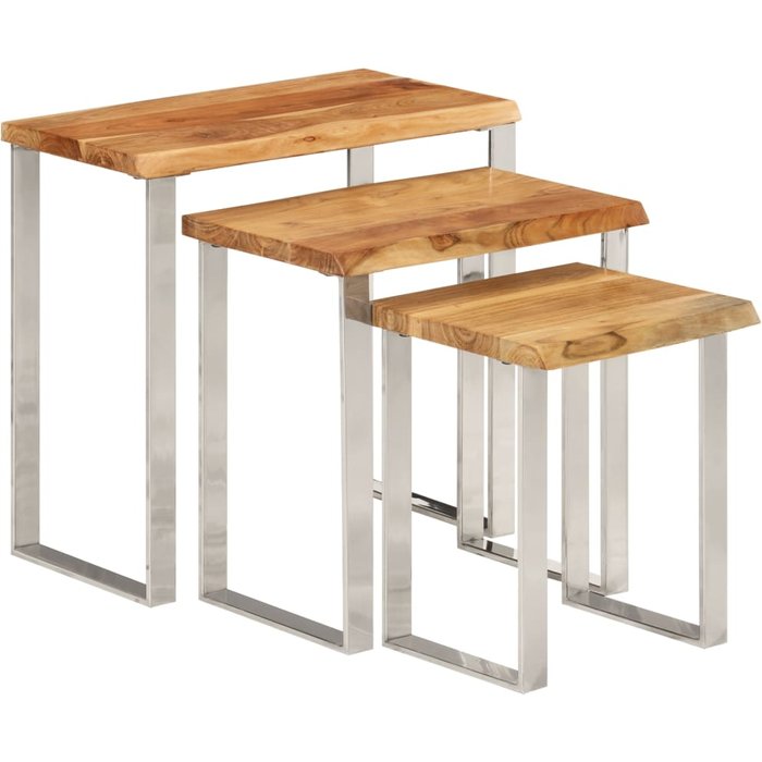 Set de 3 mesas apilables con borde natural madera maciza acacia