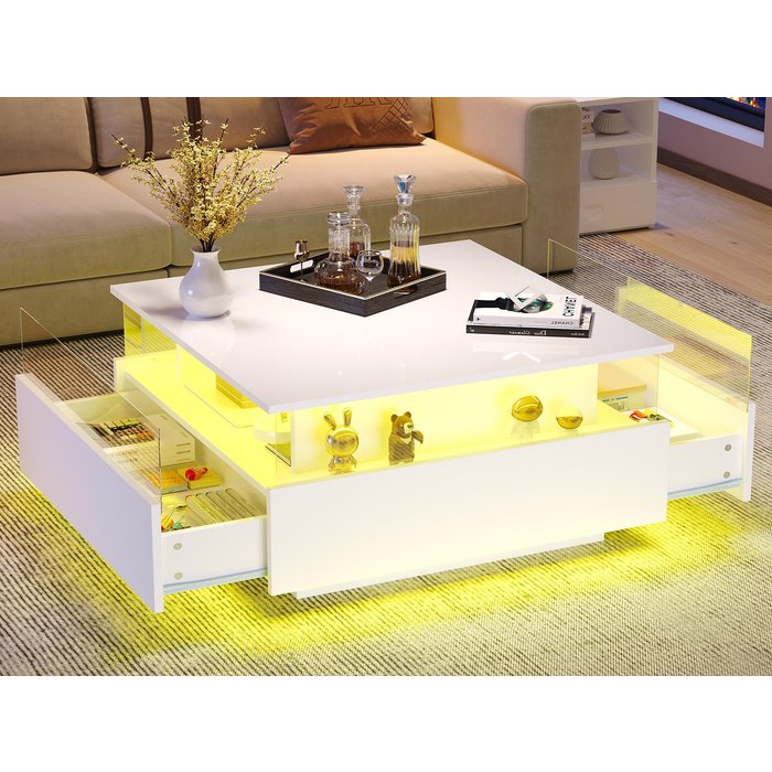 Mesa de centro moderna - con 2 cajones + compartimentos de cristal - blanco