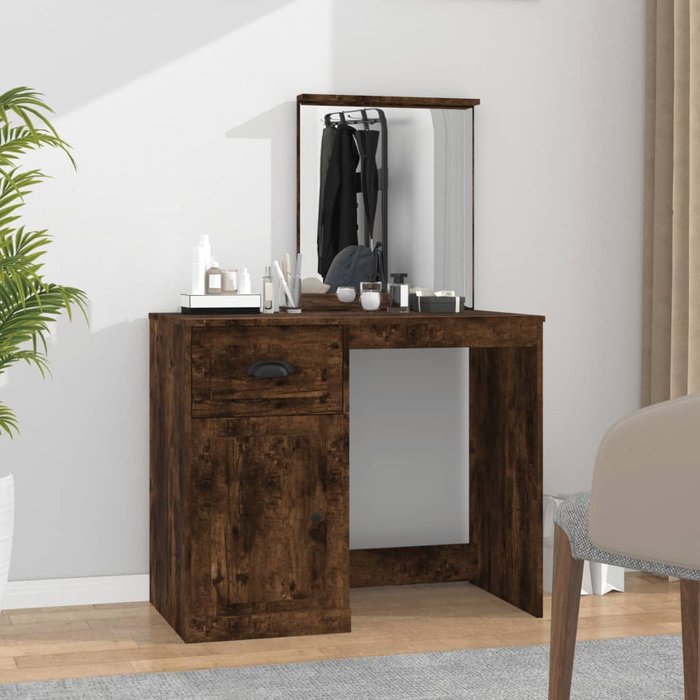 Tocador y espejo roble ahumado 90x50x132,5 cm madera contrachapada