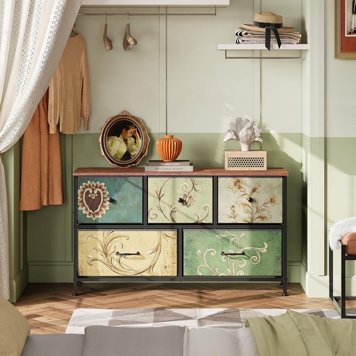 Cómoda de tela con 5 cajones, 100 x 30 x 55 cm - diseño retro