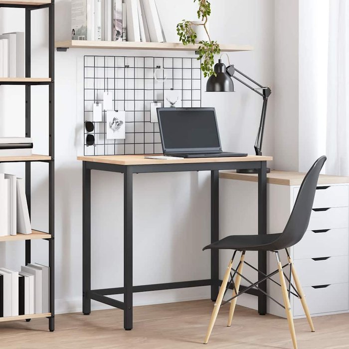 Mesa de madera natural, 80 x 50 x 77 cm, madera de ingeniería y acero.