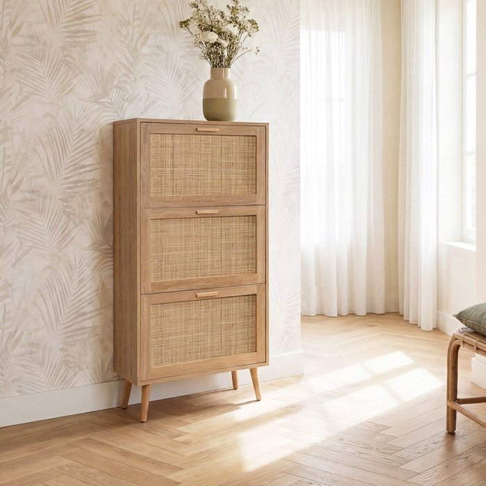 Zapatero estrecho efecto madera natural 64x129 cm