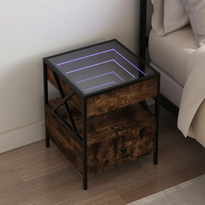 Mesita de noche con infinity led roble ahumado 40x40x51 cm