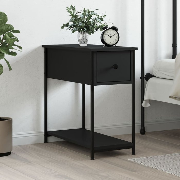 Mesita de noche negra de 30x60x60 cm, fabricada en madera de ingeniería.