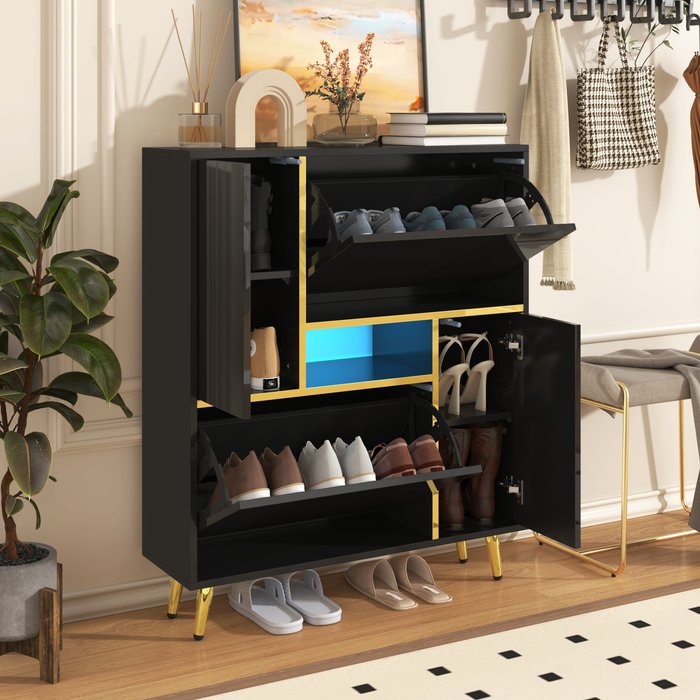 Zapatero con iluminación led/4 puertas, 80 x 25 x 96 cm, negro