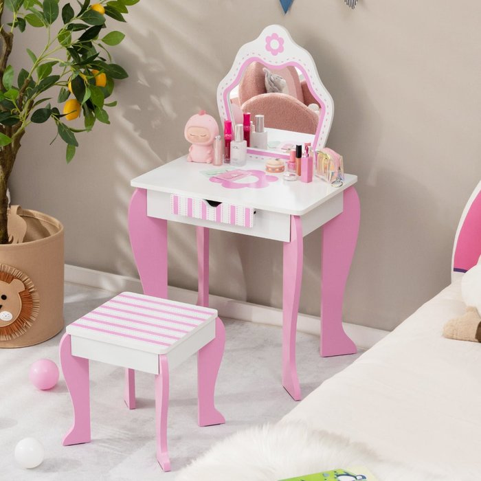 Mesa de maquillaje infantil con espejo y taburete - blanca y rosa con cajón