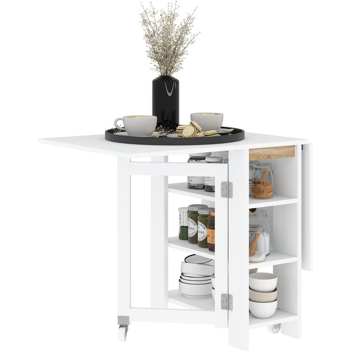 Mesa plegable cocina con alas 120x60cm blanco - 2 ruedas 3 estantes