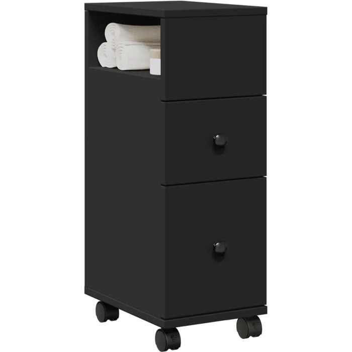 Muebles de baño negros estrechos con ruedas.