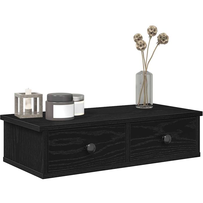 Estantería de pared con cajones, negra, 60x28x15 cm, madera de ingeniería.