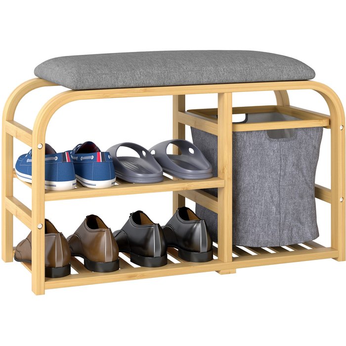 Banco zapatero de bambú con asiento acolchado - acabado madera natural