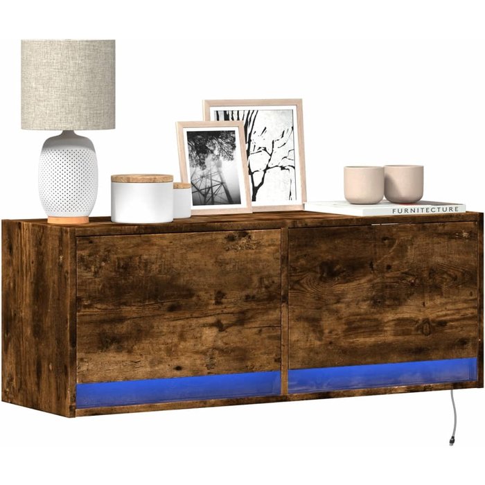 Mueble tv de pared con luces led roble ahumado 100x31x35 cm